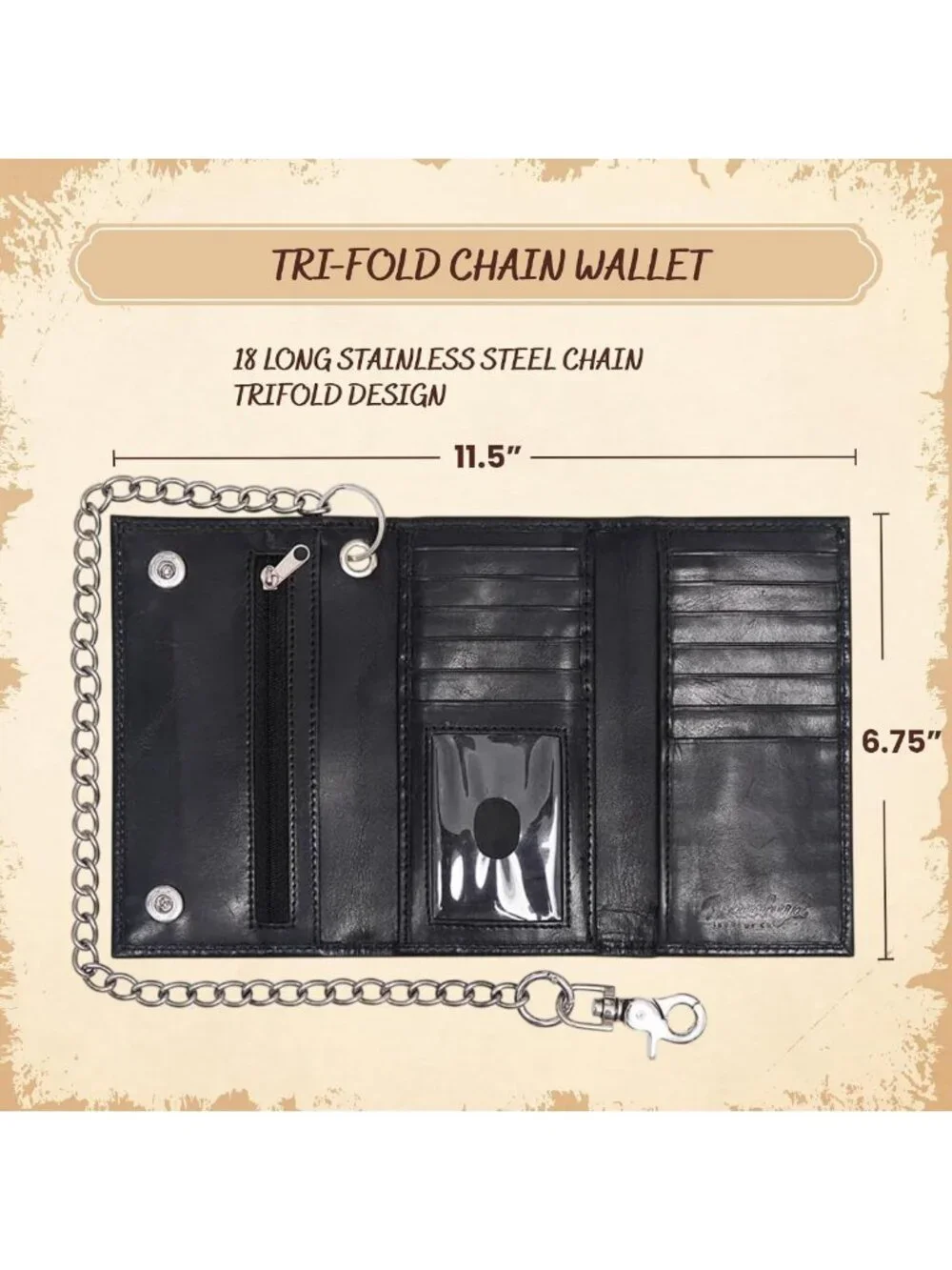 Full Grain Leather Biker Wallet with Chain for Men - Zipper Coin Pocket, ID